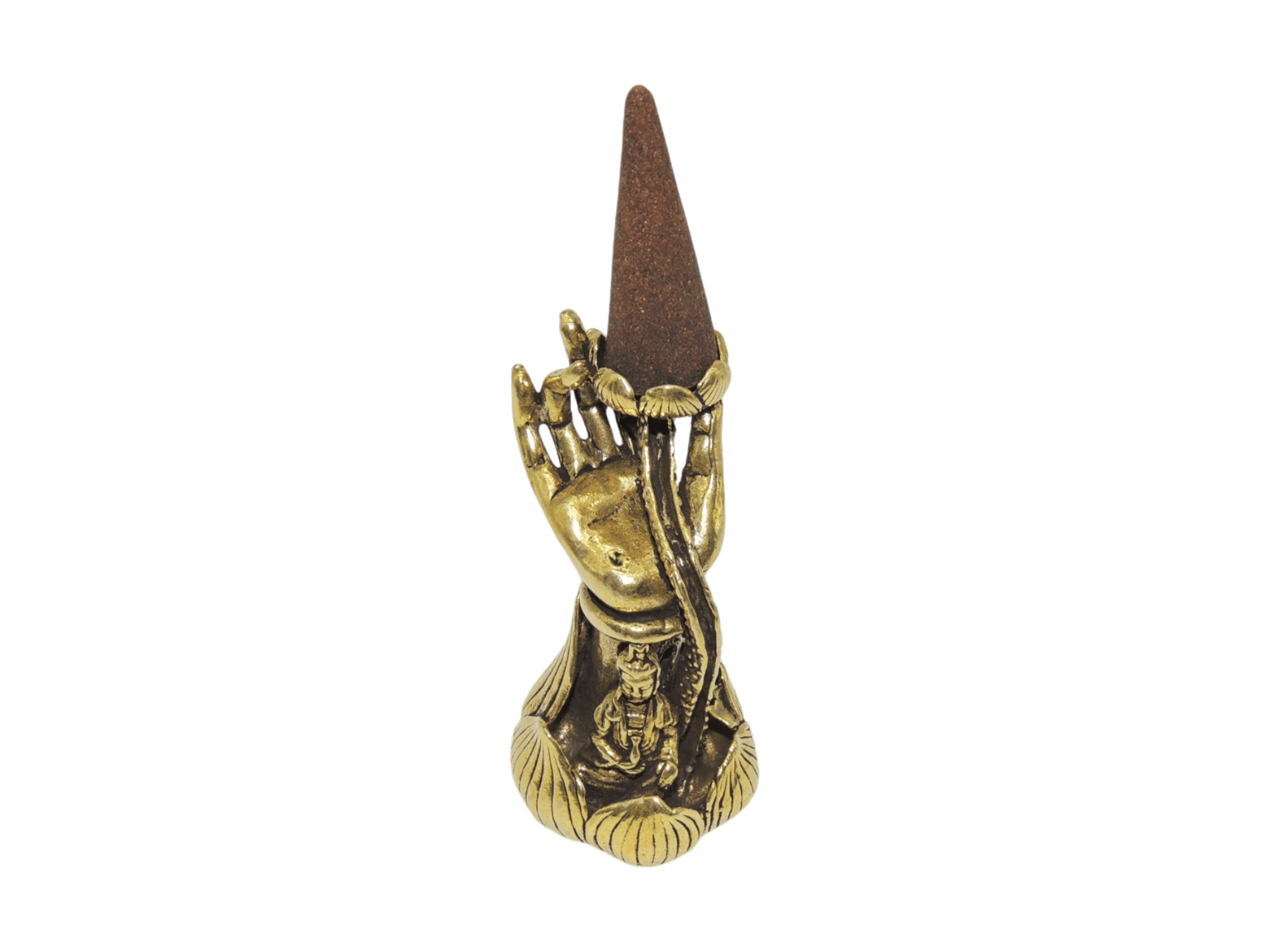 Incensario de bronce en forma de flor con mano de abundancia | color dorado - Imagen 2
