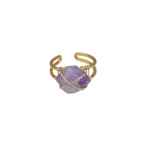 Anillo ajustable de latón con cuarzo amatista en bruto