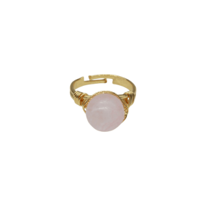 Anillo ajustable de latón con piedra cuarzo rosa en forma de esfera