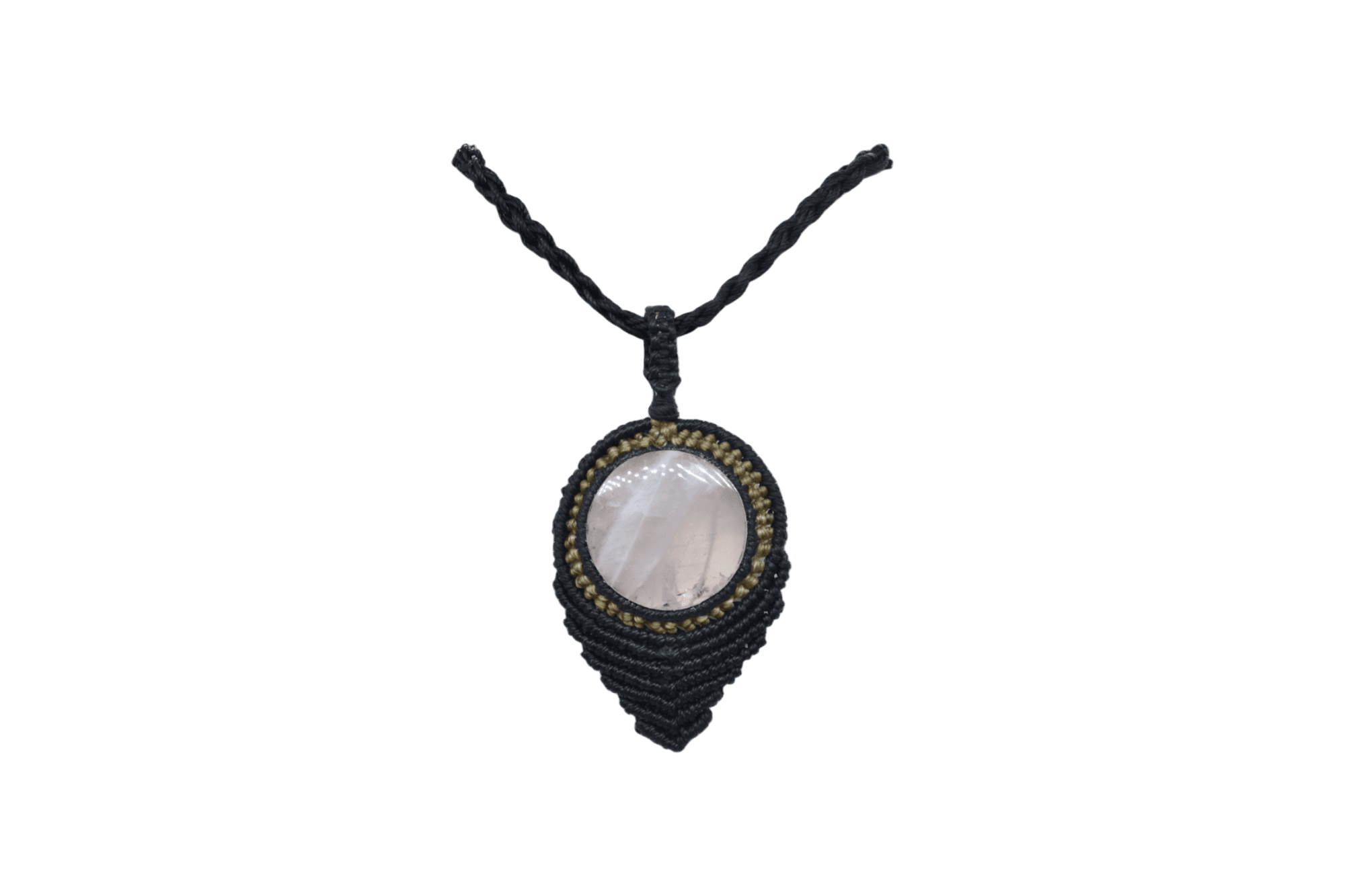Collar ajustable de cuarzo rosa tejido artesanalmente con hilo encerado