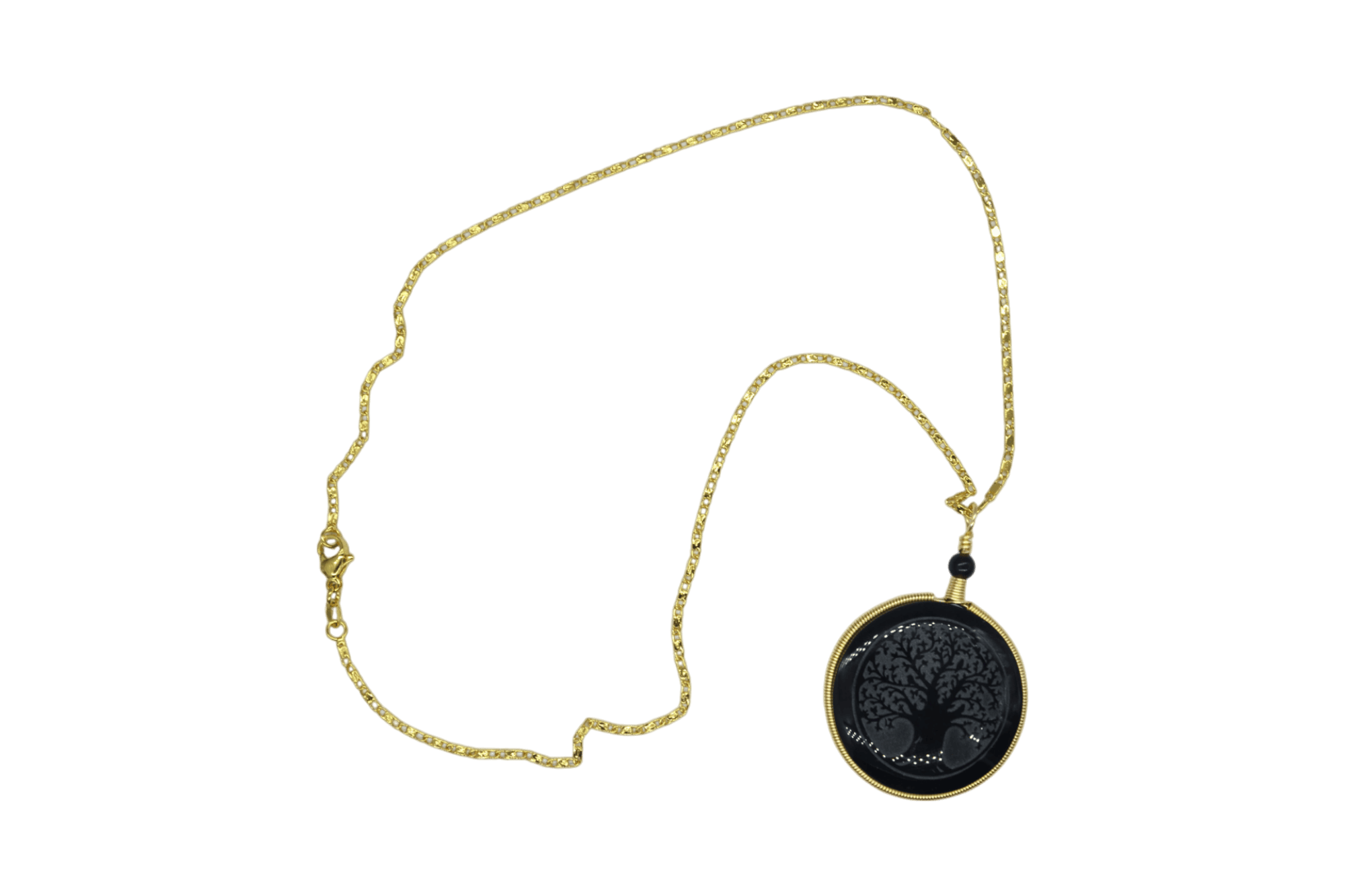 Collar de piedra obsidiana con árbol de la vida tallada con cadena de acero inoxidable color dorado - Imagen 2