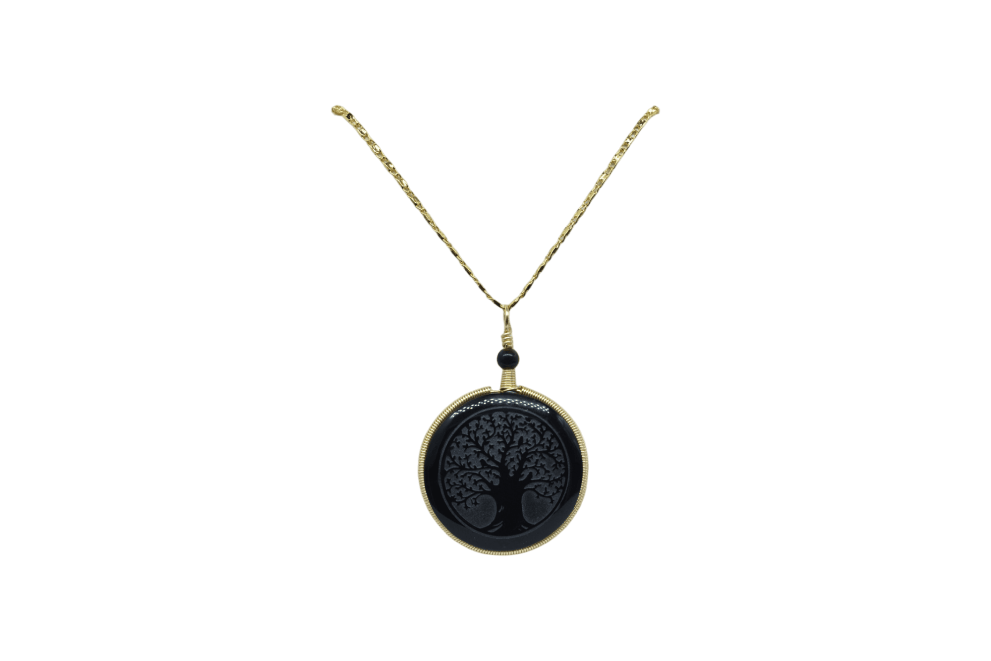 Collar de piedra obsidiana con árbol de la vida tallada con cadena de acero inoxidable color dorado