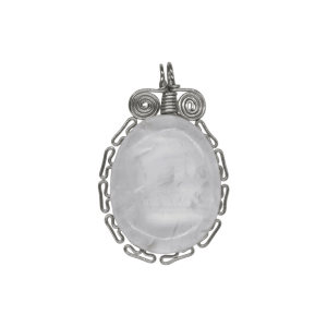 Dije de cuarzo cristal con engarzado tipo greca inca con alambre de acero inoxidable