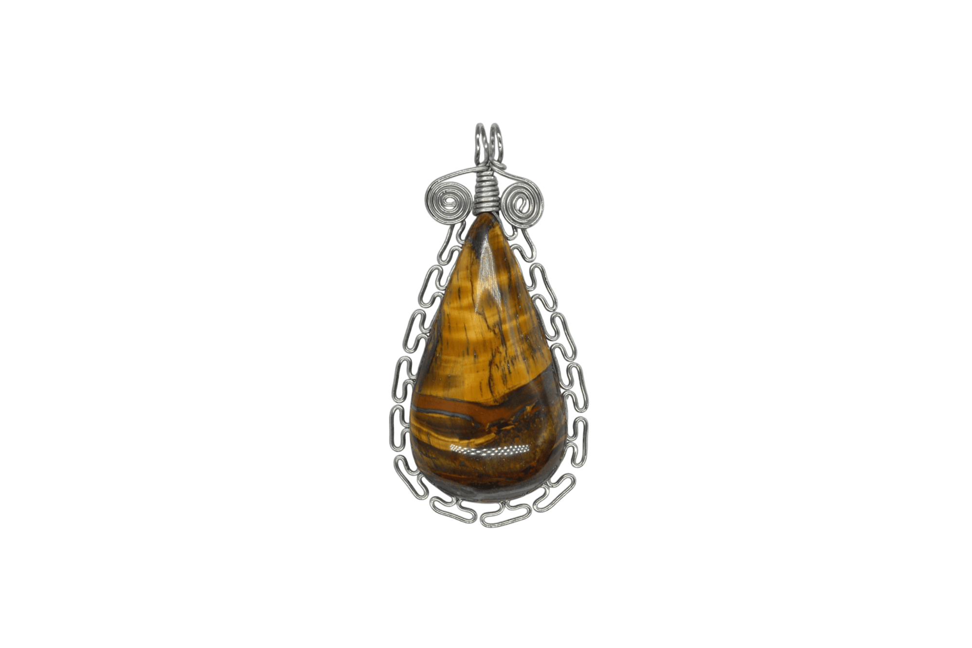 Dije de piedra ojo de tigre con engarzado tipo greca inca con alambre de acero inoxidable