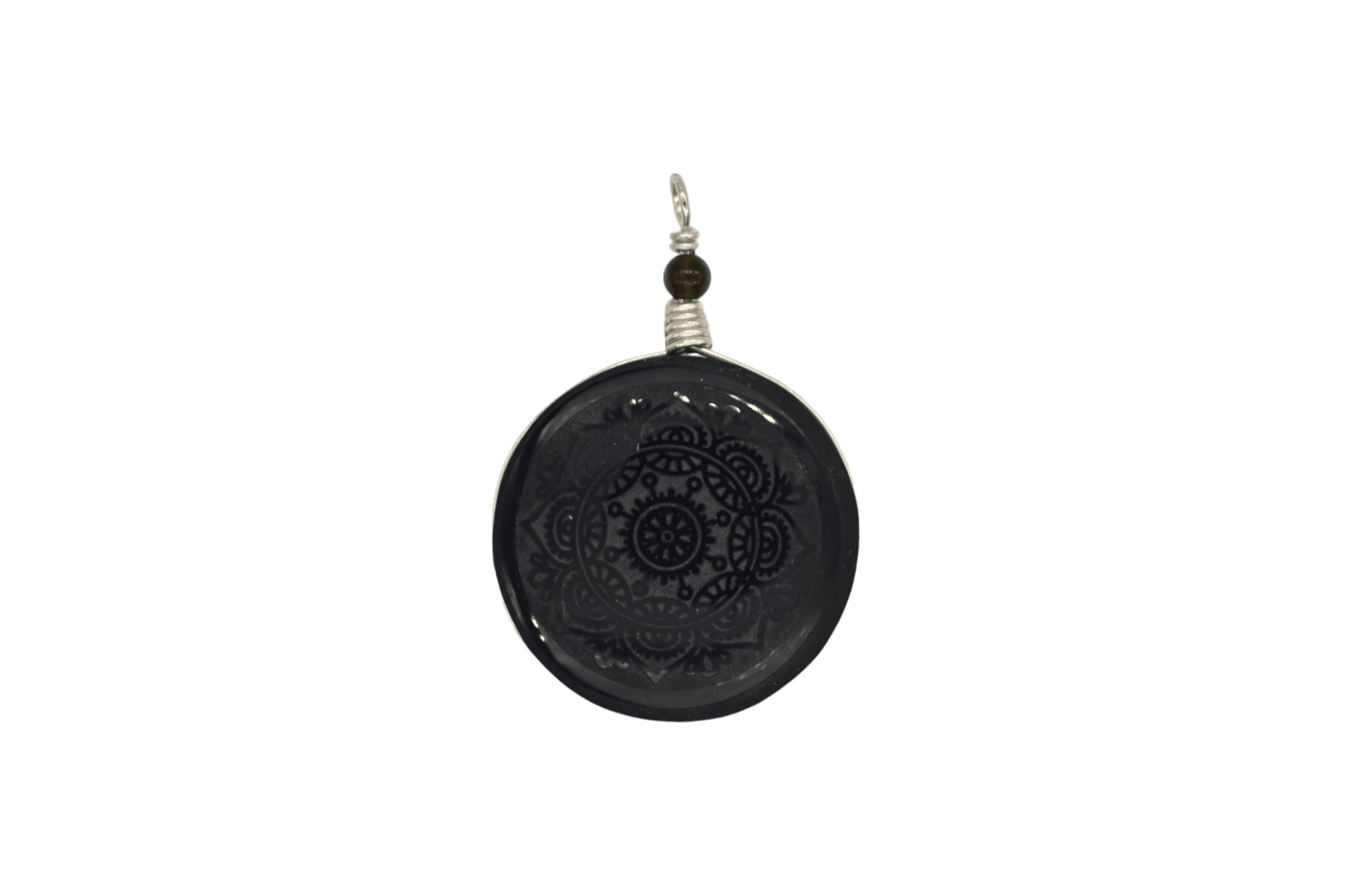 Dije de piedra obsidiana engarzado en alambre de plata