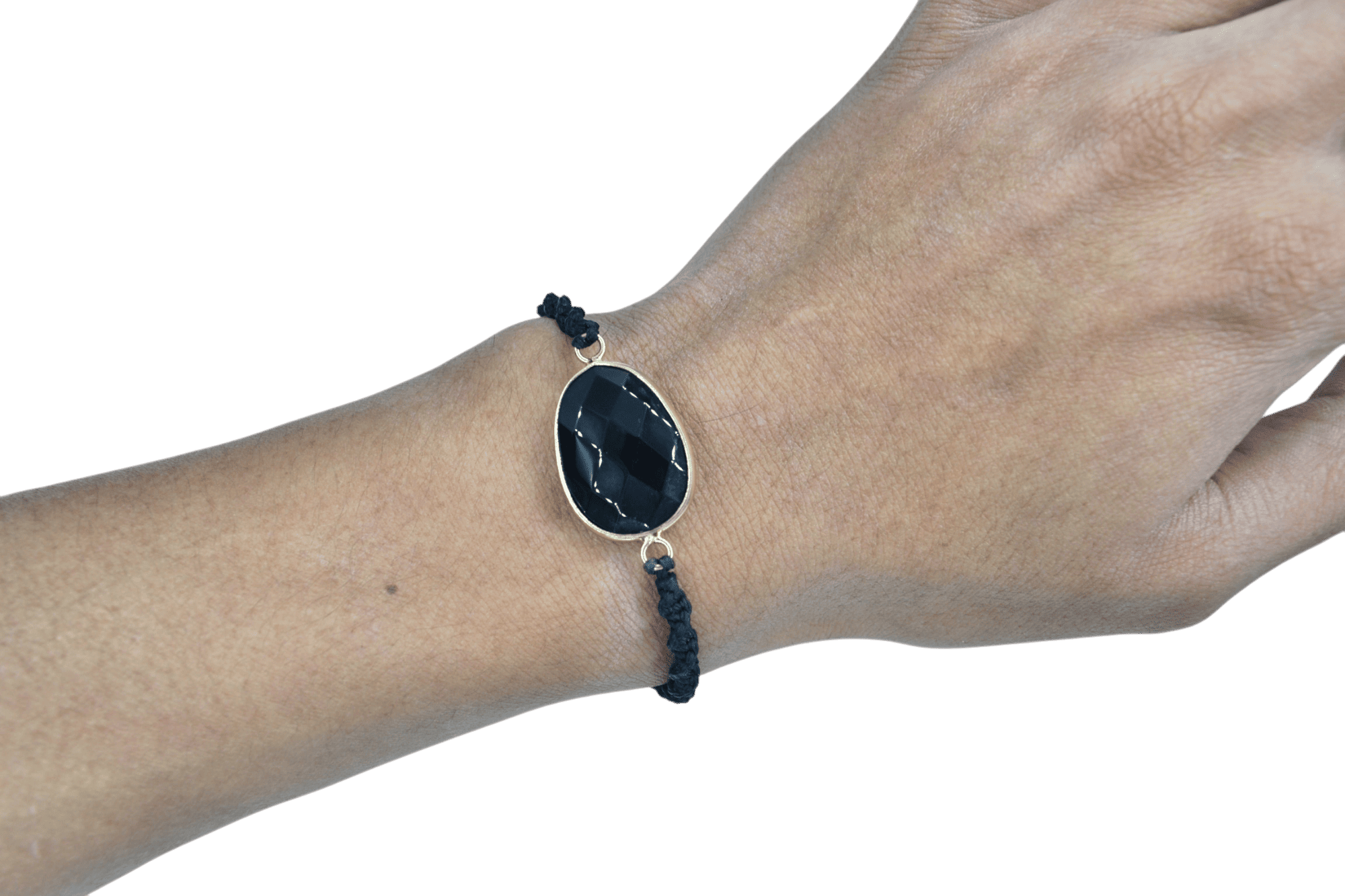 Pulsera ajustable de piedra obsidiana facetada tejida con hilo encerado - Imagen 2