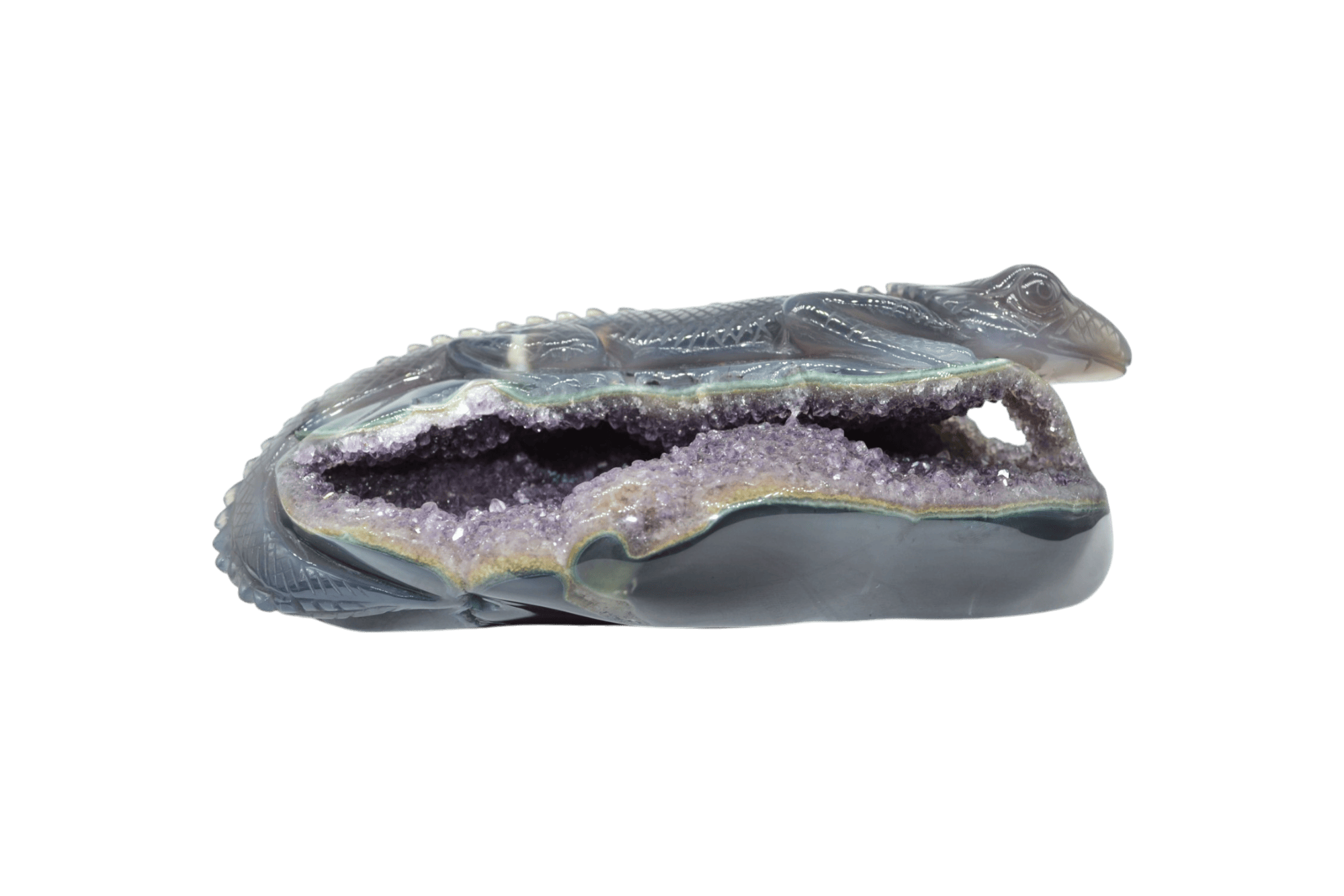 Lagartija de piedra amatista pulida con drusa natural