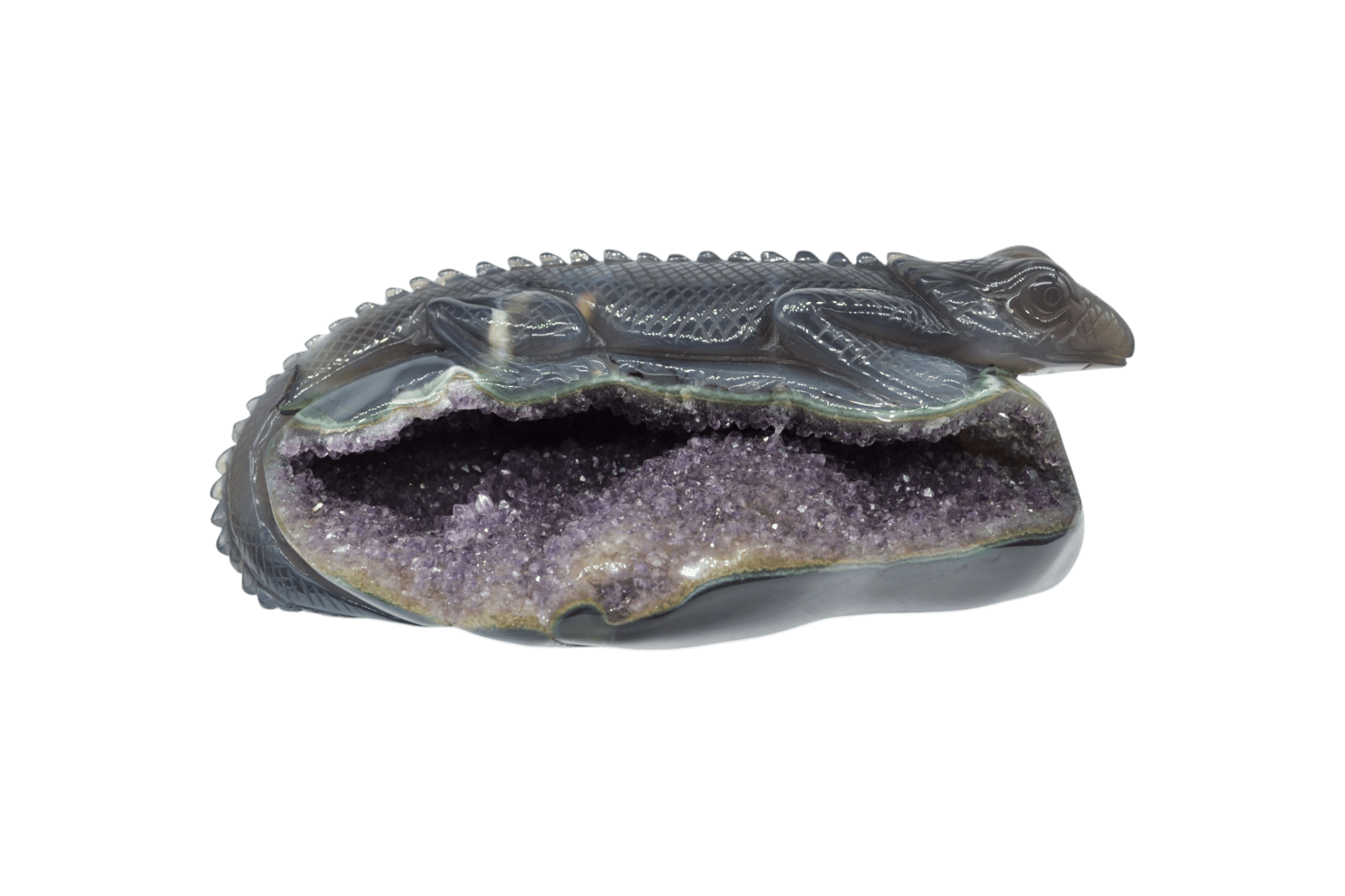 Lagartija de piedra amatista pulida con drusa natural - Imagen 5
