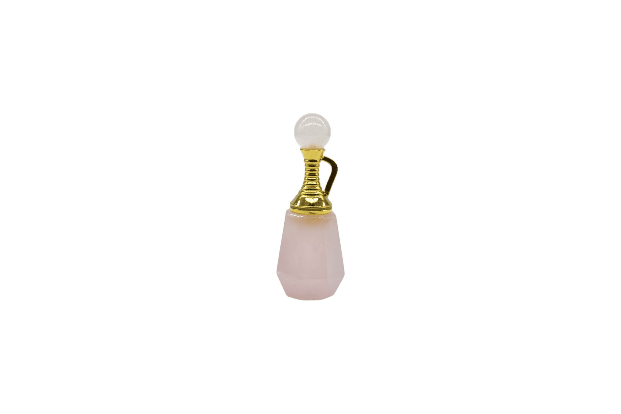 Perfumero de cuarzo rosa en forma de jarrón con facetas