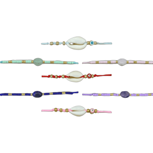 PULSERAS DE HILO CHINO CON FIMO, CHAQUIRA, PIEDRA Y MADRE PERLA