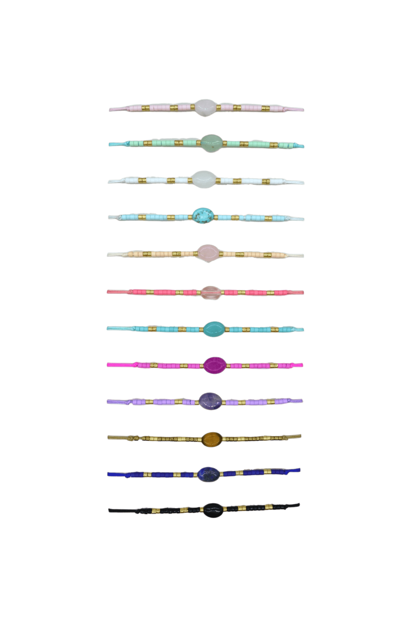 Pulseras ajustables de hilo chino con chaquira y piedras diferentes