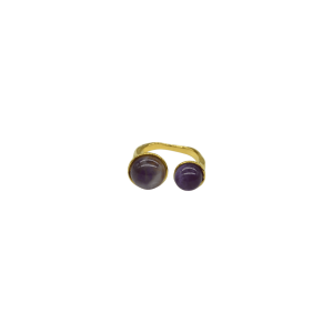 Anillo ajustable de cuarzo amatista diseño de 2 cuentas circulares de piedra asimétricas