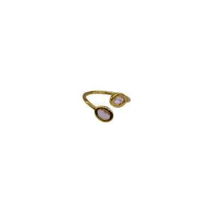 Anillo ajustable de cuarzo rosa diseño de 2 cuentas ovales simétricas mini