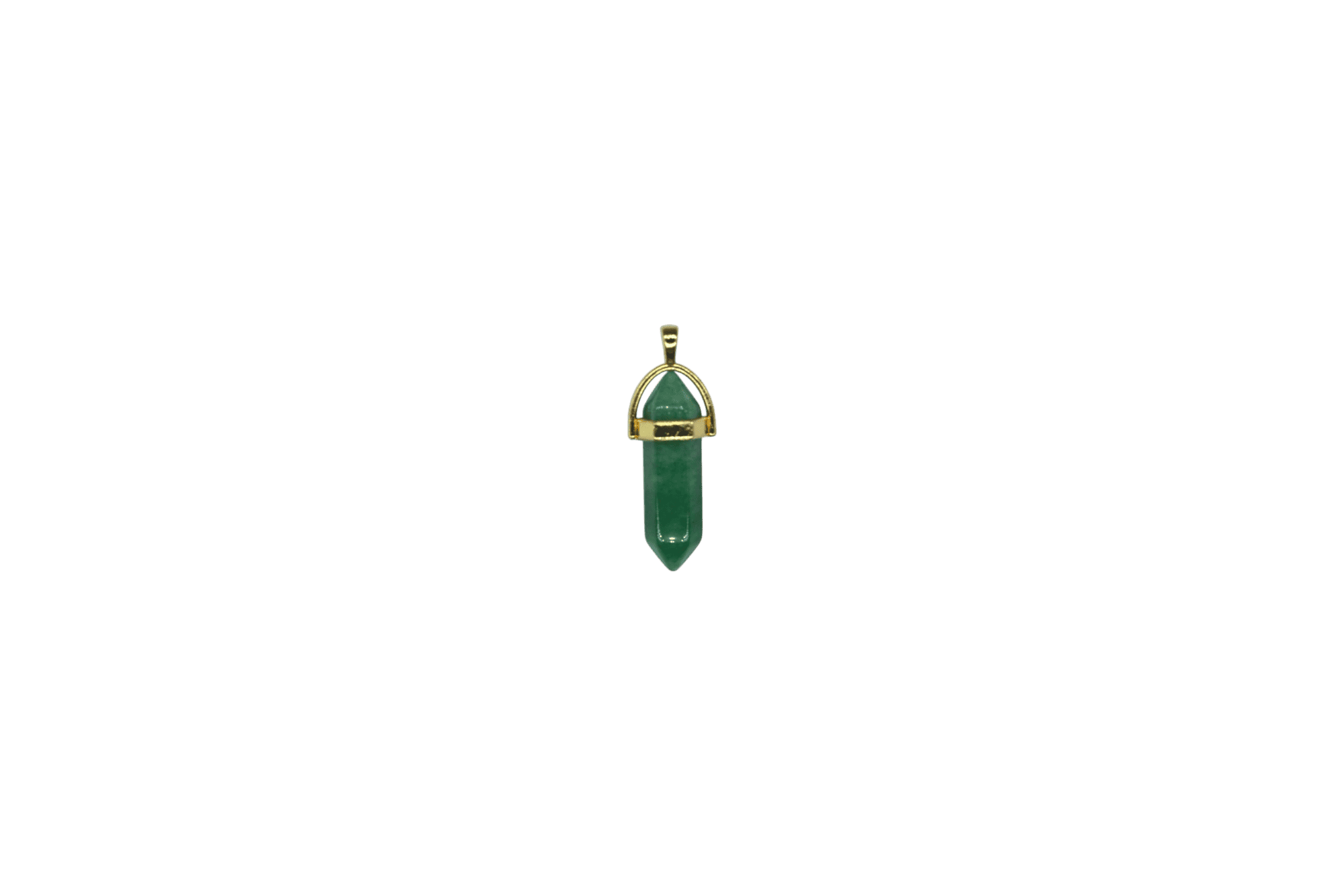 Dije de cuarzo verde en forma de doble punta facetada con pasacadena en color dorado