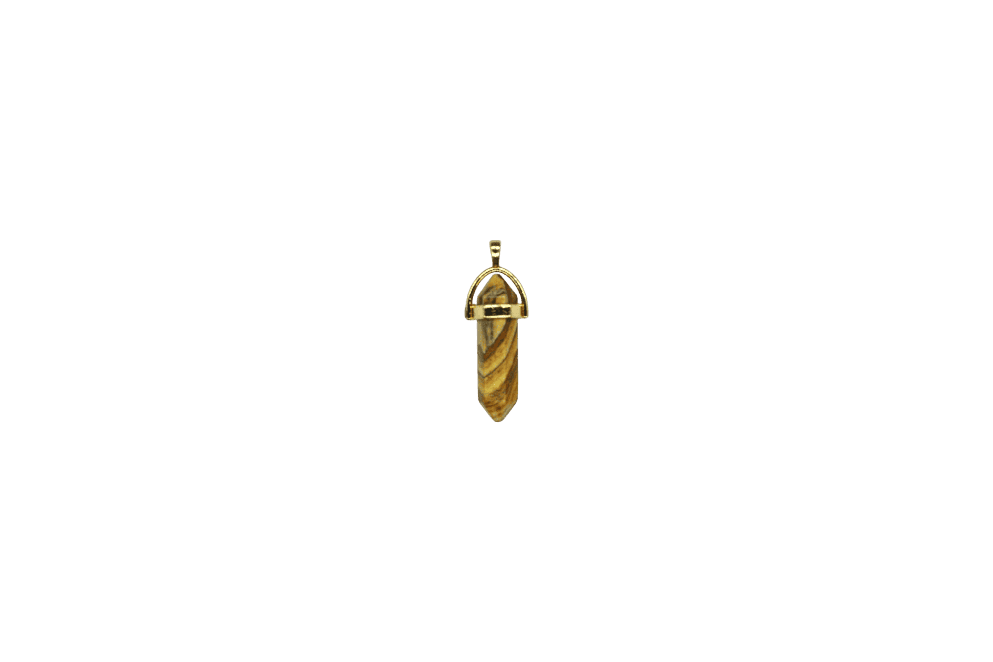Dije de piedra jaspe madera en forma de doble punta facetada con pasacadena en color dorado